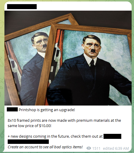 Framed prints of Adolf Hitler are sold by a website currently advertising on Telegram