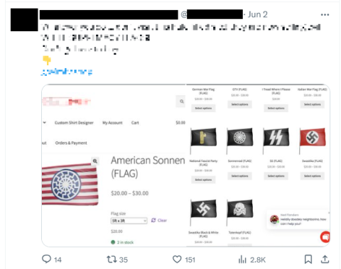 Post from Minadeo on Twitter/X advertising a website where he sells a variety of neo-Nazi and fascist merchandise. The post received over 2,800 views within four days.