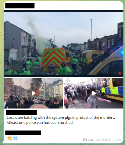 Telegram post on July 30 supporting British rioters. Screenshot taken on August 8.